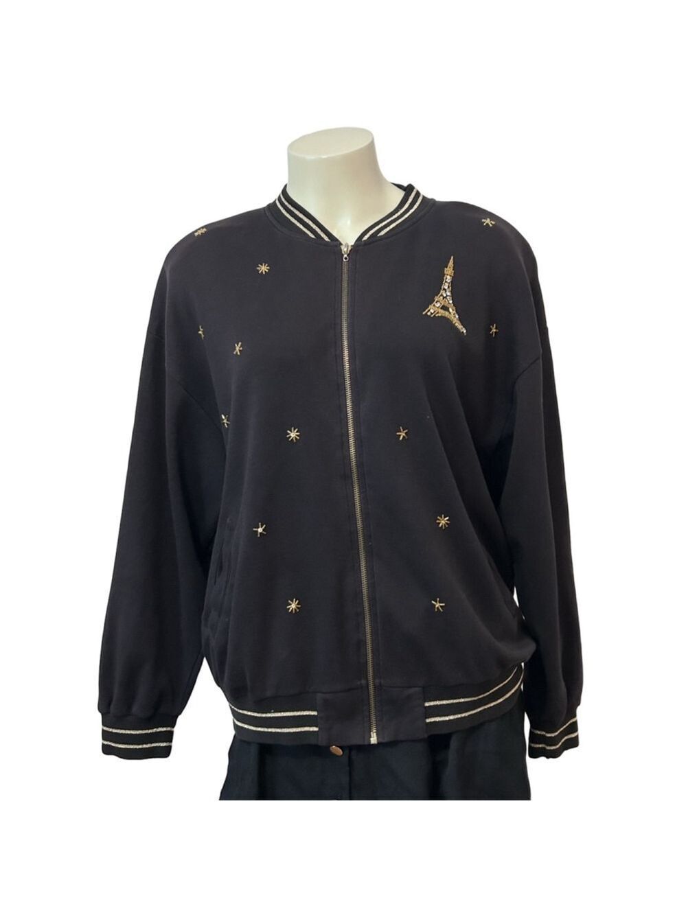Gardy Black Bomber Jacket Gold Star Eiffel Tower Embellished Size L